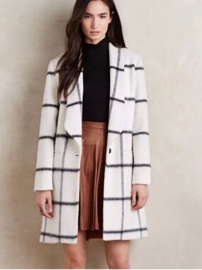 Anthropologie Elevenses Women’s White & Black Windowpane Coat Size 6 Wool Mohair